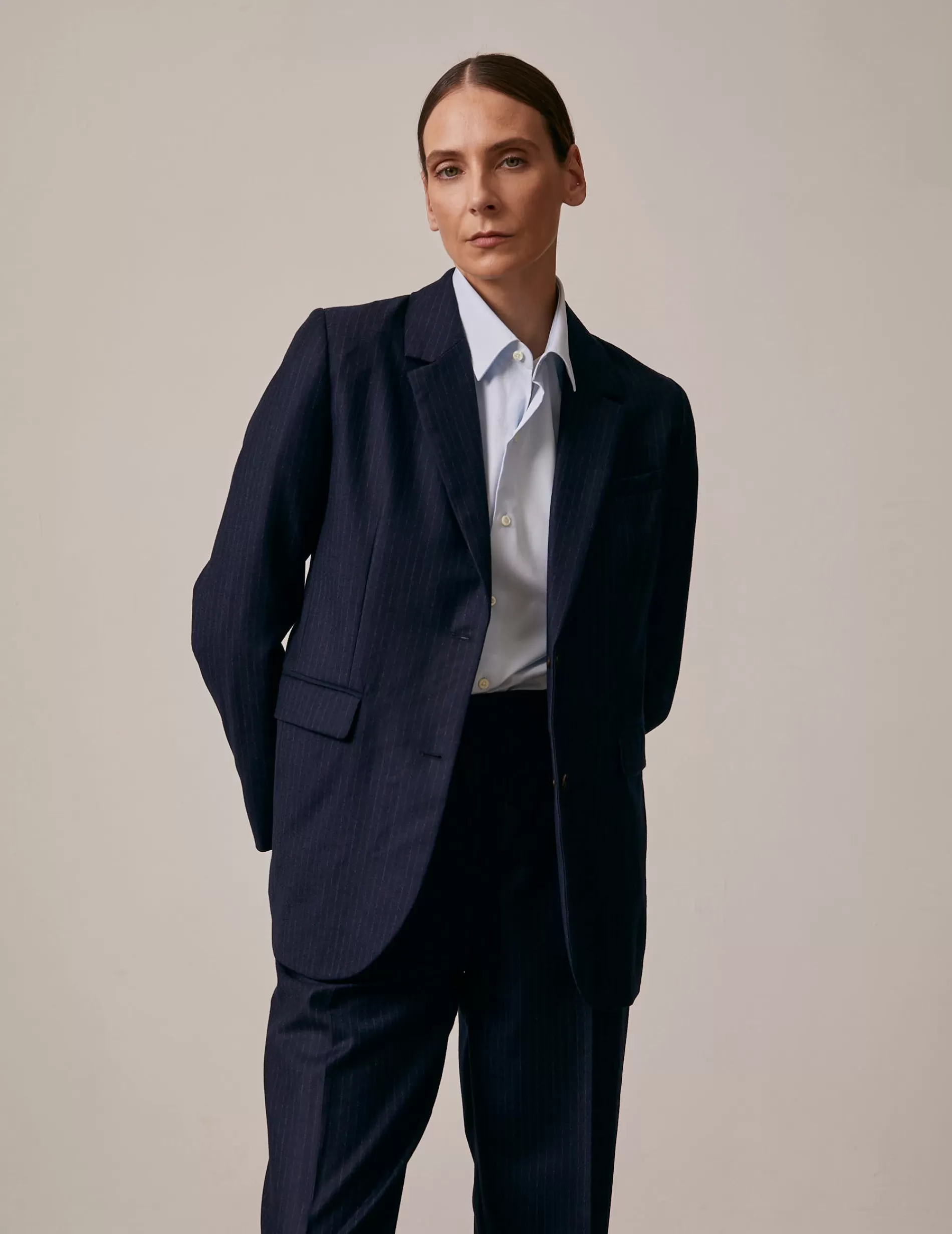 Figaret Paris Ready To Wear | Blazer Glory En Twill De Laine Rayée Bleu Marine