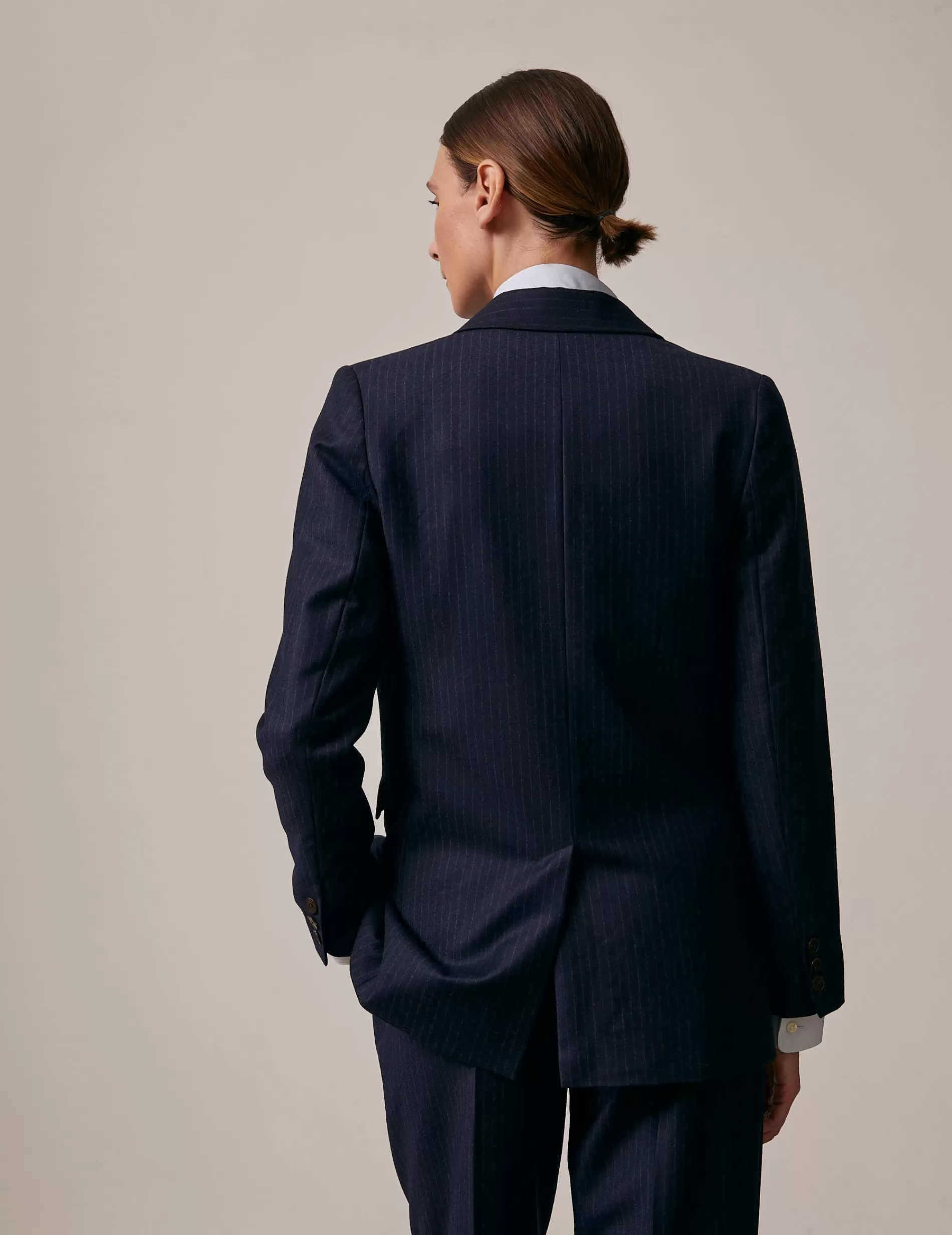 Figaret Paris Ready To Wear | Blazer Glory En Twill De Laine Rayée Bleu Marine