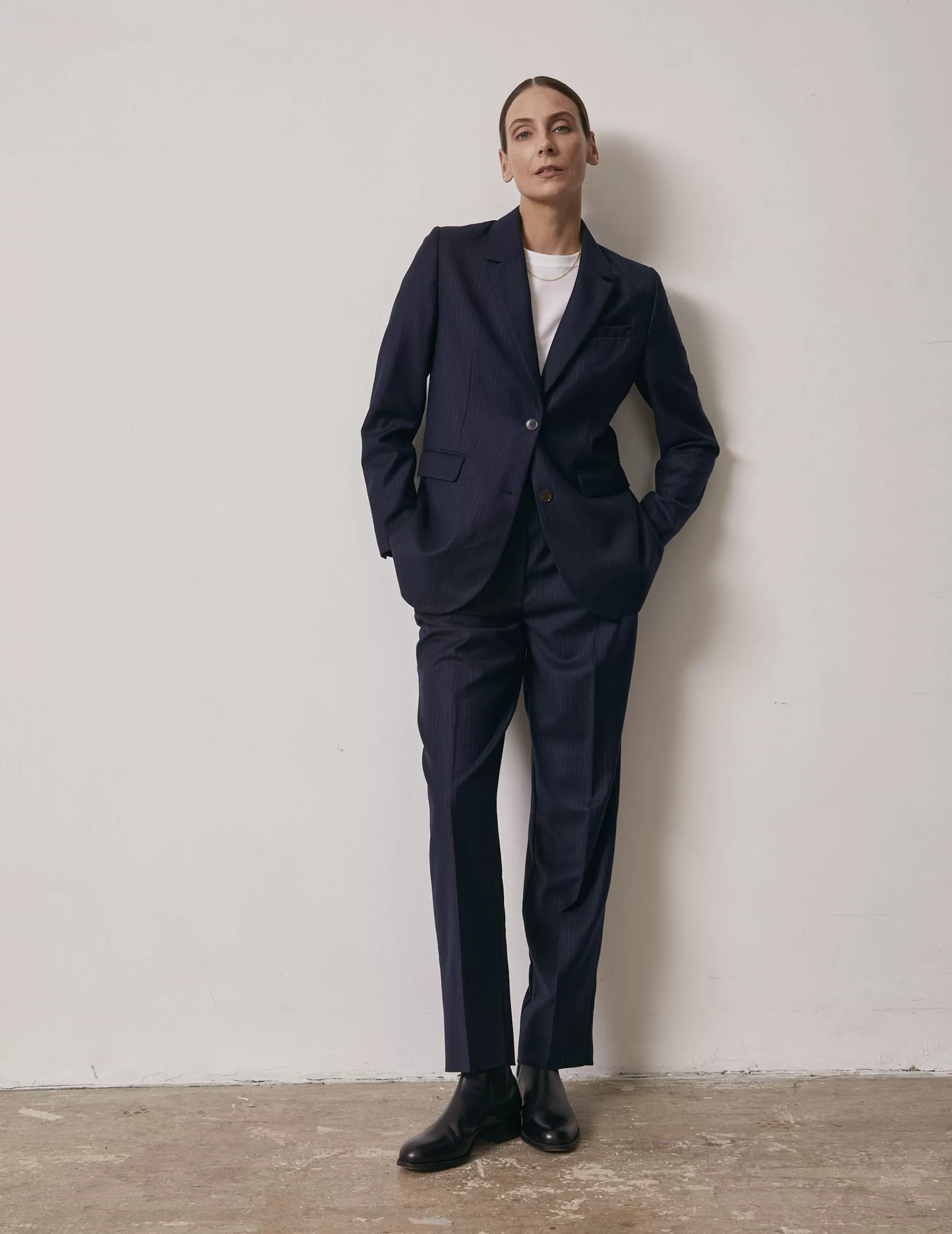Figaret Paris Ready To Wear | Blazer Glory En Twill De Laine Rayée Bleu Marine