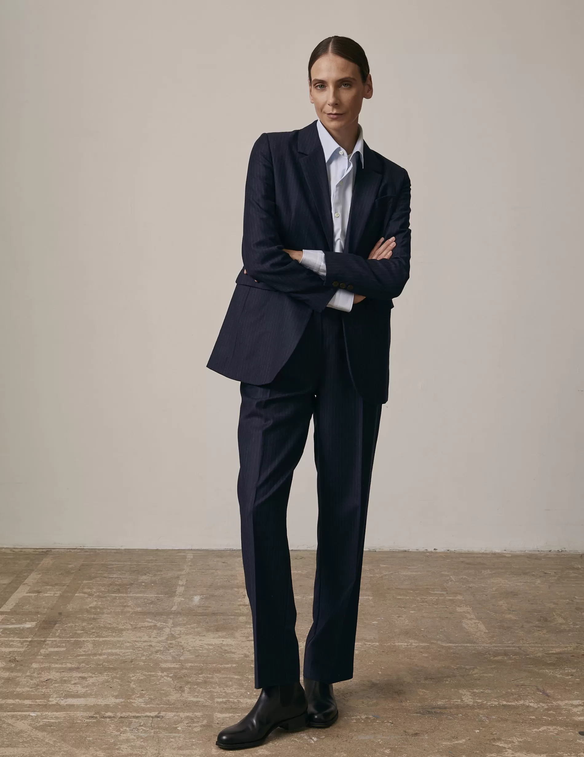 Figaret Paris Ready To Wear | Blazer Glory En Twill De Laine Rayée Bleu Marine